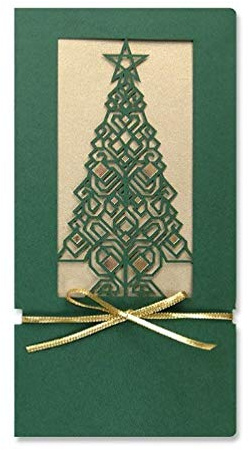 10 Stück, Farbige Weihnachtskarten, 100 x 200 mm, 300 g/qm Offset, Grün (Tannenbaum-Motiv), Blanke Briefhüllen