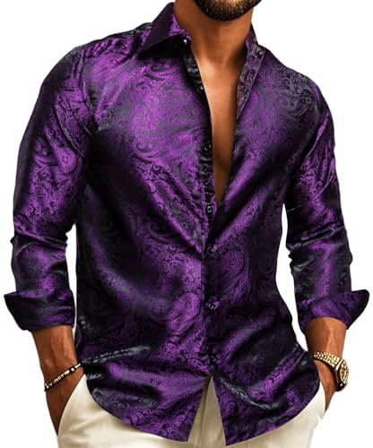 Barry.Wang Camicie da uomo Paisley Tessuto Fiore di Seta Camicie Francese Polsino Moda Tempo Libero Rughe, Viola scuro, M