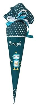 Glückspilz Schultüte mit Namen personalisiert, Roboter, Zuckertüte aus Stoff, mit Kissen, Petrol