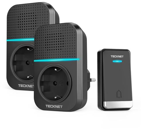 TECKNET Timbre Inalámbrico Exterior Impermeable con Enchufe, 400m Alcance Timbre Casa Autoalimentado, IP65 Timbre para Puerta sin Pilas con Indicadores LED, 60 Melodías Rango, 5 Niveles de Volumen