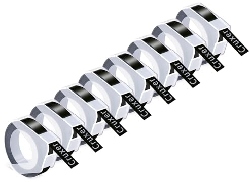 Cruxer Prägeband, Ersatz für Dymo Omega 3D-Etikettenband, selbstklebend, Dymo Prägeband, 9 mm x 3 m, weiß auf schwarzem Vinyl, 3D-Etiketten für DYMO Omega Junior Präge, 3D-Etikettenhersteller, 8 Stück