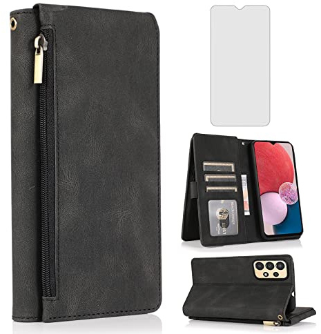 Asuwish Compatible with Samsung Galaxy A13 4G Wallet Case Tempered Glass Screen Protector Zipper Leather Flip Cover Card Holder Stand Cell Phone for Gaxaly A 13 LTE 2022 13A SM-A135U Women Men Black