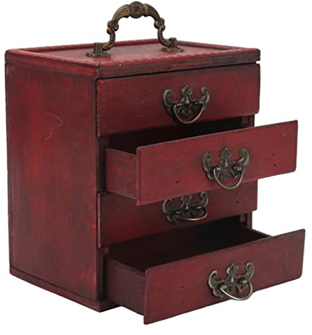 HEEPDD Retro-Schmuck-Organizer-Fall 4 Schichten Schublade Vintage-Schmuckkästchen aus Holz Große Kapazität Einfach zu bedienen für Zuhause