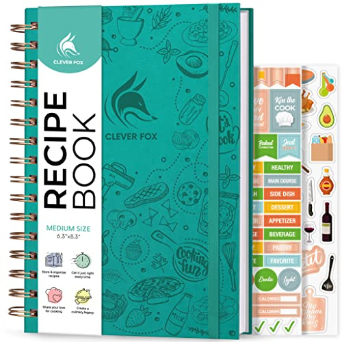 Clever Fox Recipe Book, Blank Spiral Cookbook Journal, Medium Turquoise | 14.7x21.4cm empty recipe book to write in your own recipes, eco-leather hardcover, 120 gsm paper, stickers, cooking & baking
