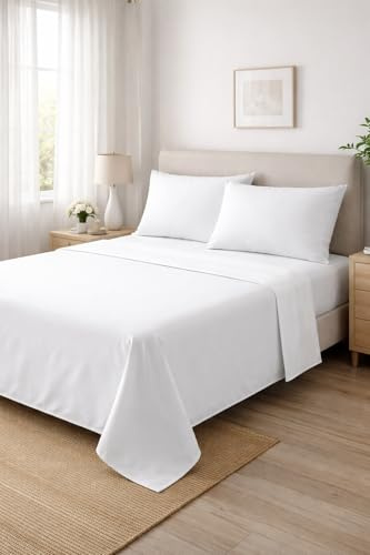 Corredocasa Completo Letto Lenzuola in Cotone, Qualità Made in Italy - PURO COTONE 100% Morbido e Traspirante in ogni Stagione - SET Lenzuolo Sotto con Angoli, Sopra e 2 Federe (Bianco, Matrimoniale)