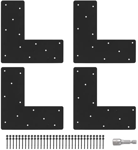 4 Pcs 13.2x 5L Shape Flat Bracket, Mending Plate with Black Powder-Coated Right Angle Brackets, Corner Bracket, L Shape Plate Fit 6x6,8x8 for Repair House,Furniture,Pavilion,Truss framing