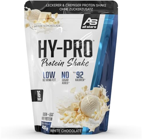 ALL STARS Hy-Pro 4-Komponenten Protein Pulver 400g White Chocolate | Proteinpulver ohne Zuckerzusatz, Cremiger Shake mit 30,6g Eiweiß pro Portion, 4 hochwertige Proteinkomponenten fürs Training