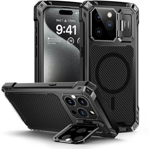 Lanhiem für iPhone 15 Pro Max Hülle Magnet Kameraschutz Stoßfest | Ständerfunktion, Outdoor Ganzkörper Robust Militärstandard Metall Heavy Duty, mit Eingebautem Displayschutz, Schwarz