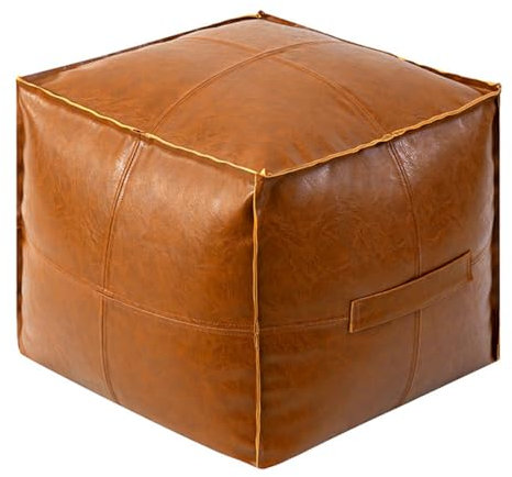 CAKERS Nordic Pouf Ottoman Mit Griff|Quadratische Fußstütze Aus Pu-Leder|Bequemes Bodenkissen Zum Sitzen|Marokkanischer Sitzsackwürfel-Fußhocker,Dunkelorange,45x45x40cm(17.7x17.7x15.7in)