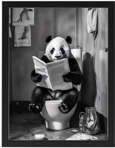 Deqosy Panda auf WC, Poster 30cm x 40cm mit Rahmen, Toilette Badezimmer Deko Bild, Wand-Deko Bilder Lustiges Geschenk