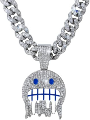 LCWLJL Iced Out Miami Cuban Link Chain with Emoji Pendant | Hip Hop Bling Necklace for Men & Women | Gold/Silver Plated with Full Rhinestones | Rapper Style Jewelry for Party（Blue Silver）