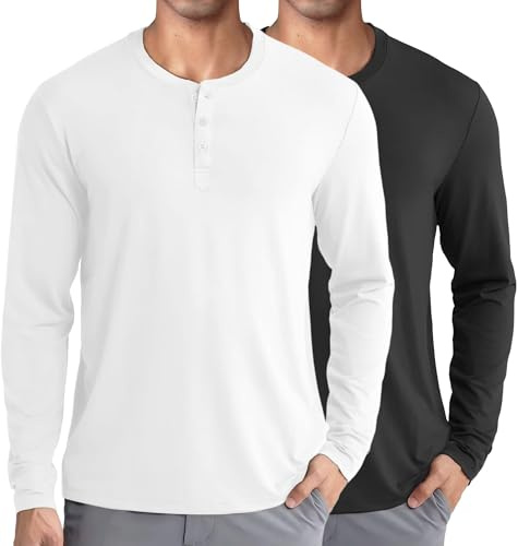 COOFANDY långärmad tröja herr långärmad Henley-skjorta fritidsskjorta toppar med knappslå basic undertröja, Svart/vit, L