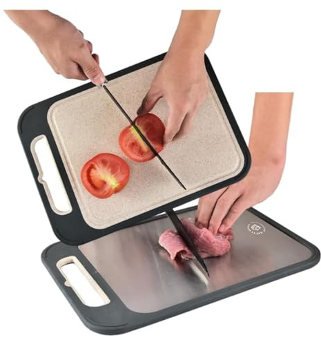 Stainless Steel Cutting Board with Easy Grip Handle - Anti Slip, Double Sided Wheat Straw and 304 Stainless Steel Chopping Board for Meat, Veggies, Fruits - Non Toxic, Easy to Clean, Dishwasher Safe