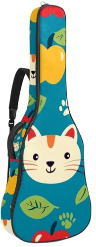 KengjuTesu 43 Zoll Akustikgitarre Softcase mit Rucksackgurt und 2 Taschen Cartoon Katzen Früchte Blätter Keine Polsterung Rucksack Wasserdicht Oxford Tuch Bassgitarre Gigbag für Konzertgitarren,