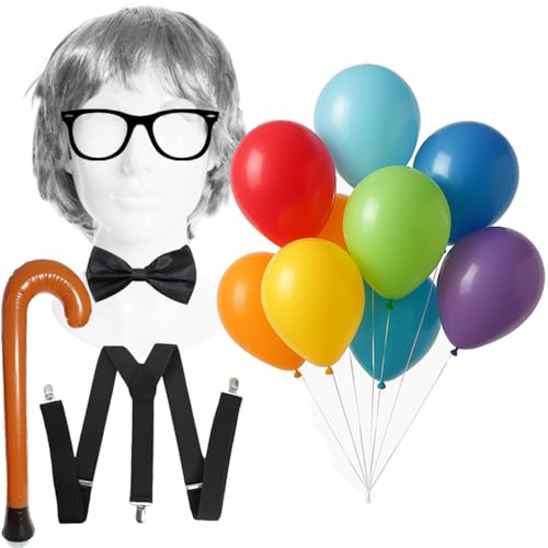 Paquete de accesorios para disfraz de anciano gruñón, incluye peluca, gafas, cejas blancas, aparatos ortopédicos, bastón inflable y globos, ideal para el Día Mundial del Libro, Halloween, disfraces y