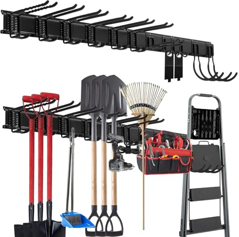 Garden Tool Organizer, 64 Inch Wall Mount Tool Organizer, Tool Storage Rack with 12 Hooks with 2 Straps, 48 Screws and Expansion Tubes, Tool Holder for Warehouse, Workshop