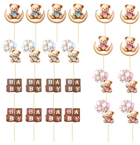 WUSJCOF 24 pièces Décoration pour Gâteau, 2 Motifs Ourson Cake Topper pour Baptême, Baby Shower Deco, Gender Reveal Decoration, Baby Shower Gateau, Anniversaire de Bébé, Fête (Bleu et Rose)