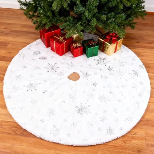 Hocadrv 122cm Weihnachtsbaum Rock Rund Christbaumdecke SchneedeckeDeko Weiß | mit Paillettenstickerei Weiche Weihnachtsbaum Decke Schneeflocken Tannenbaum Decke Unterlage Teppich