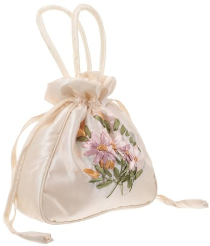 Baluue Petit Sac à Main Femme avec Cordon de Serrage, Pochette Blanche en Tissu Brodé Style Ethnique, Mini Sac-Seau Portable pour Mariage, Cérémonie et Été