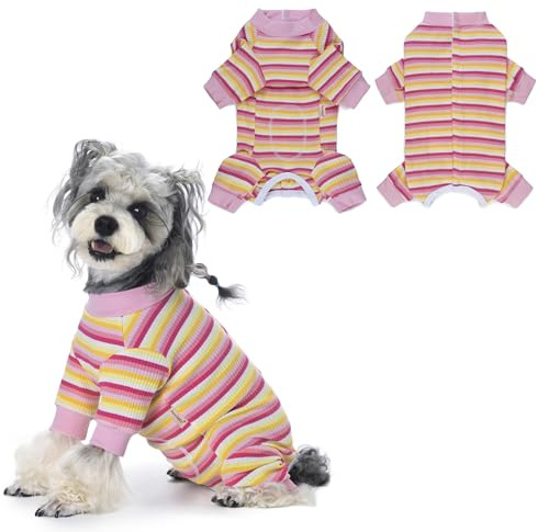 PawSailor Tuta Precupero per Cani Maniche Lunghe a Righe Body Post Operatorio Cane Femmina Maschio Cuccioli Pigiama Tutina Intera per Cani Previene Leccate, Alternativa al Cono, Rosa-Giallo M