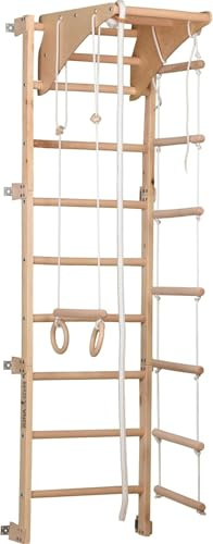 RINAGYM Sprossenwand ECO 2 Naturton (Holzoptik) – 58 × 210 cm – abnehmbares Reck + Ringe, PP-Seil & Seilleiter – Indoor Fitnessgerät für Kinder (3+) & Erwachsene – Wandmontage mit Abstandshaltern