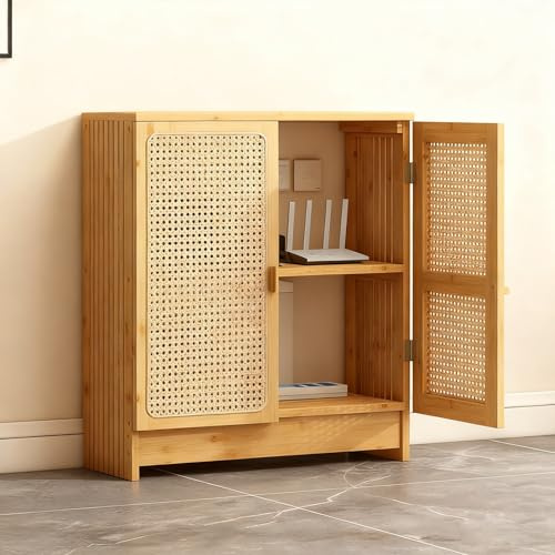 Moderno Mobiletto Portaoggetti Per Supporti AV In Bambù Mobiletto Da Scrivania Multifunzionale Per Giradischi Con Ante In Rattan E Ripiani Regolabili(Primary color,50*25*70cm/19*9*27in)