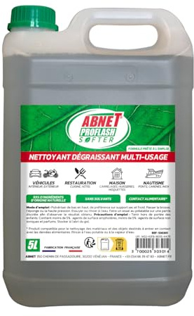 ABNET - Abnet Proflash Softer - Nettoyant dégraissant Multi-usages - Contact Alimentaire - Sans Solvants - Prêt à l’emploi - Fabriqué en France - 5L