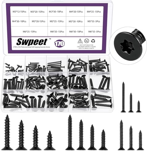 Swpeet 170Pcs 14 Tamaños Negro 304 Acero inoxidable Cabeza plana Torx Tornillos Kit de Sortimento, Tornillos de seguridad anti-robo a prueba de manipulación, Torx Drive Tornillos de madera