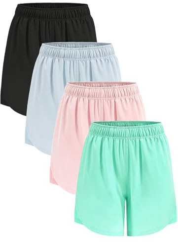 Orrfreer 4 Pack Girls Athletic Shorts,Sports Shorts 6-14 Years Teen Kids Running Cycling Basketball Short for Girls with Drawstring & Pockets