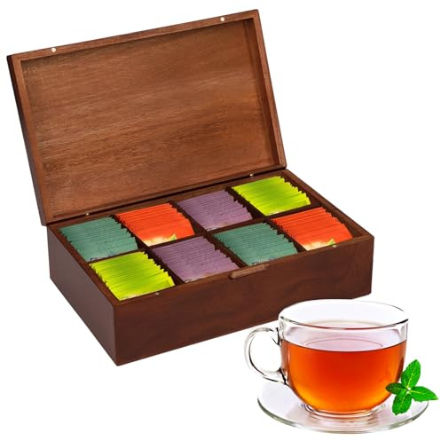 Boîte à Thé en Bois avec 8 Compartiments, Rangement pour Sachets de Thé | Vintage Bois d'acacia, Grande, avec Fermeture Magnétique, pour Sachets de Thé, Café et Épices, 31x19.5x9.5cm