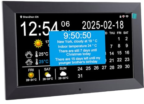 MENDUNER 10-Zoll-Smart-WLAN-Digitaluhr, Großes Schriftdisplay mit Wetteraktualisierungen in Echtzeit, Temperatur, Luftfeuchtigkeit, Medikamentenerinnerung, Foto- und Videowiedergabe, für (EU-Stecker)