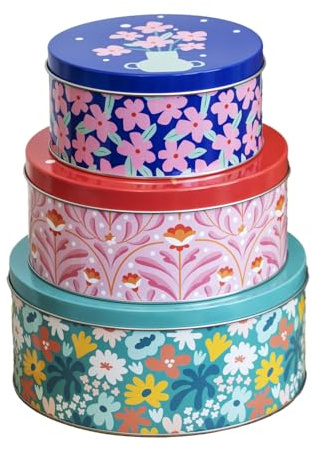 Darthome Floral Meadow Nesting Cake Tins, Set Of 3, Airtight Metal Round Storage, Multi Coloured, 13.5cm, 16.5cm & 19cm