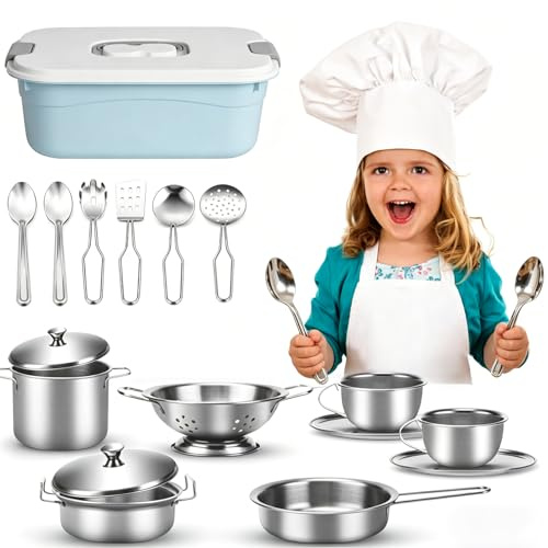 yolzhxe 17 Piezas Juguetes de Cocina para Niños Accesorios Acero Inoxidable