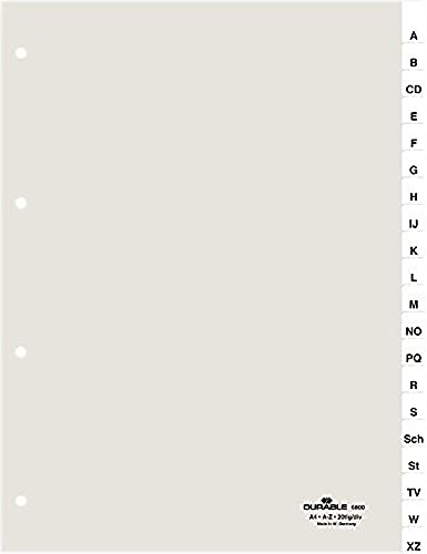 Durable Kunststoffregister A4 20-teilig A-Z, 1 Stück, transparent, 680019 | Hartfolie, glasklare umschweißte Tabe, Universallochung 80x80x80 mm, inkl. Duraprint Einsteckschilder