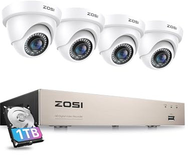 ZOSI 5MP Lite Sistema de Cámara de Vigilancia 8CH H.265+ 1080P Grabador DVR con (4) 2MP Cámara de Seguridad Exterior Domo, Acceso Remoto, Detección de Movimiento, 1TB Disco Duro