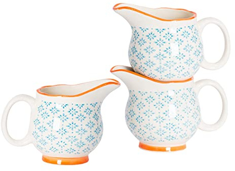 Nicola Spring Hand-Printed Milk Jugs - 300ml - Pack of 6 - Blue Decorative Stoneware Dishwasher Safe Floral Pattern Tableware Cappuccino Coffee Milk Pitcher Jugs with Handle