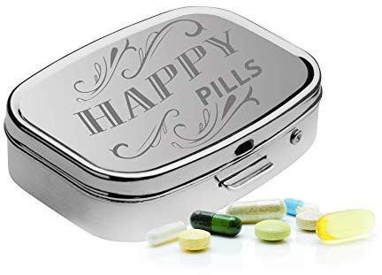 GRAVURZEILE Pillendose Tablettenteiler mit zwei separaten Fächern - Pillenbox Tablettendose Tablettenbox für unterwegs - sicherer Verschluss - Happy Pills Aufschrift
