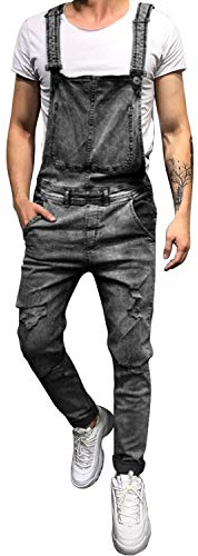 semen Herren Jeans Latzhose Lang Denim Hip Hop Destroyed Ripped Overall Arbeitshose Skinny Männer Röhrenhose Jeanshose