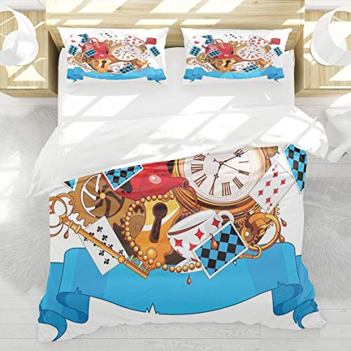 BEDNRY Juego de Ropa de Cama,Alicia en el país de Las Maravillas Diseño Loco de Tarjetas Relojes Teteras Llaves Flores Mundo de fantasía Ilustración,1 Funda Nórdica 220x240cm y 2 Funda de Almohada