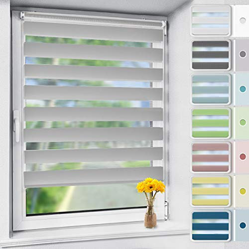 Vkele Doppelrollo Klemmfix ohne Bohren, 45x120cm(BxH) Grau, Duo Rollo Zebrarollo Fensterrollo für Fenster und Tür, Lichtdurchlässig Verdunkelnd, Seitenzugrollo Sonnenschutz Sichtschutz