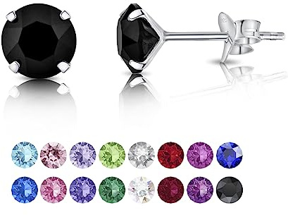 Pendientes Mujer Plata de Ley 925 con Brillantes de Cristal Negro 6 mm - Pendientes de Botón Plata Ley 925