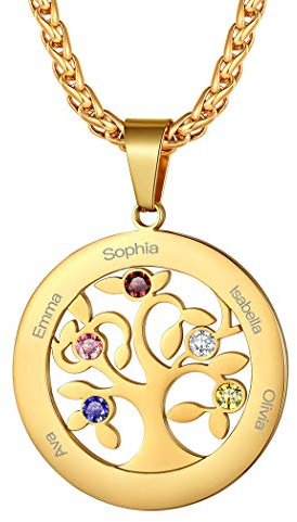 Suplight Collana da Donna con Albero della Vita Rotondo/Cuore Personalizzata con Pietra di Nascita e 2-7 Nomi in Argento Sterling 925/ Acciaio Inossidabile Confezione Regalo Per Donna e Ragazza