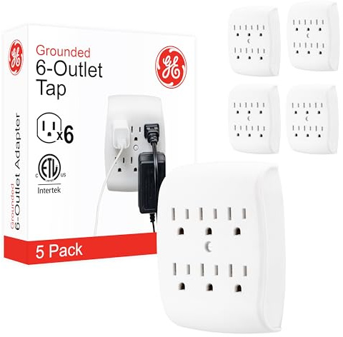 GE 6-Outlet Extender Wall Tap, 5 Pack, Grounded Adapter, Outlet Splitter, Charging Station, 3-Prong, Plug Adapter, Secure Install, Cruise Essentials, ETL Listed, White, 54853