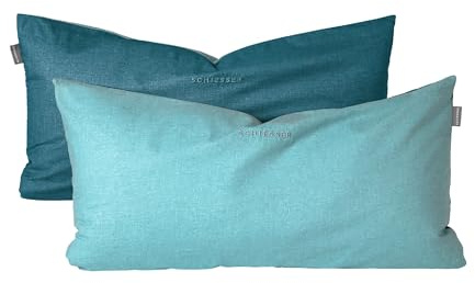 SCHIESSER Kissenhülle 40x80 cm | 100% Baumwolle | Türkis | 2er Set | Zweifarbig | Renforcé | angenehm weich & glatt | Logostickerei | Reißverschluss | OEKO-TEX® MADE IN GREEN