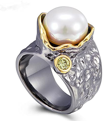 PUYYDS Heiße Design Perlenringe für Frauen Kreativ-Hochzeit-Verlobung Gothic Schmuck Schwarz Gold Farbe