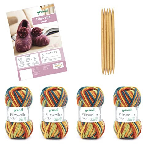 Gründl Wolle Filzwolle color - Dicke Wolle zum Filzen in der Waschmaschine für 1 Paar Hausschuhe mit Anleitung und Nadel - Weich und hautfreundlich - 100% Schurwolle - 4 Knäuel 50 g/50 m - blaugrün