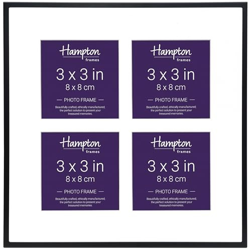 Hampton Frames, Madrid 4 Aperture Picture Photo Frame, 3x3 (7.6x7.6cm) Black Alloy, Glass Front, White Mount | Freestanding or Wall Mounting, Modern Display for Photos