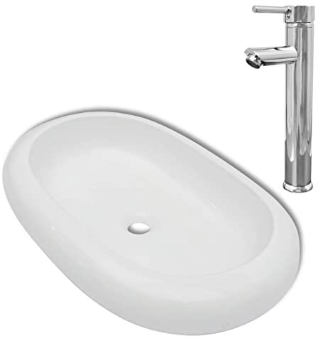 Waschbecken Waschtisch aus Keramik, Aufsatzbecken Aufsatzwaschbecken Handwaschbecken Aufsatzwaschtisch Spülbecken Becken Waschschale mit Mischbatterie, Oval Weiß