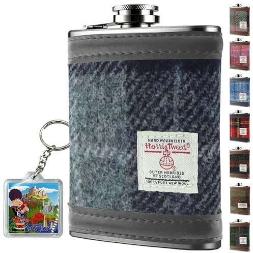 Flasque Harris Tweed de 170 ml en acier inoxydable pour homme – Anti-fuite – Convient pour la poche – Boîte cadeau, porte-clés – Noël – Liqueur, whisky, rhum (tartan gris et noir)
