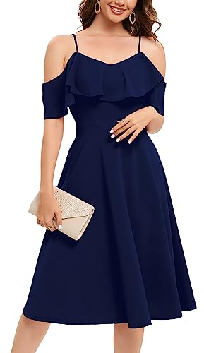 Bbonlinedress Womens Off The Shoulder Summer Wedding Guest Cocktail Dresses, Prom Bridesmaid Party Vintage Church Formal Midi Dress Navy XL